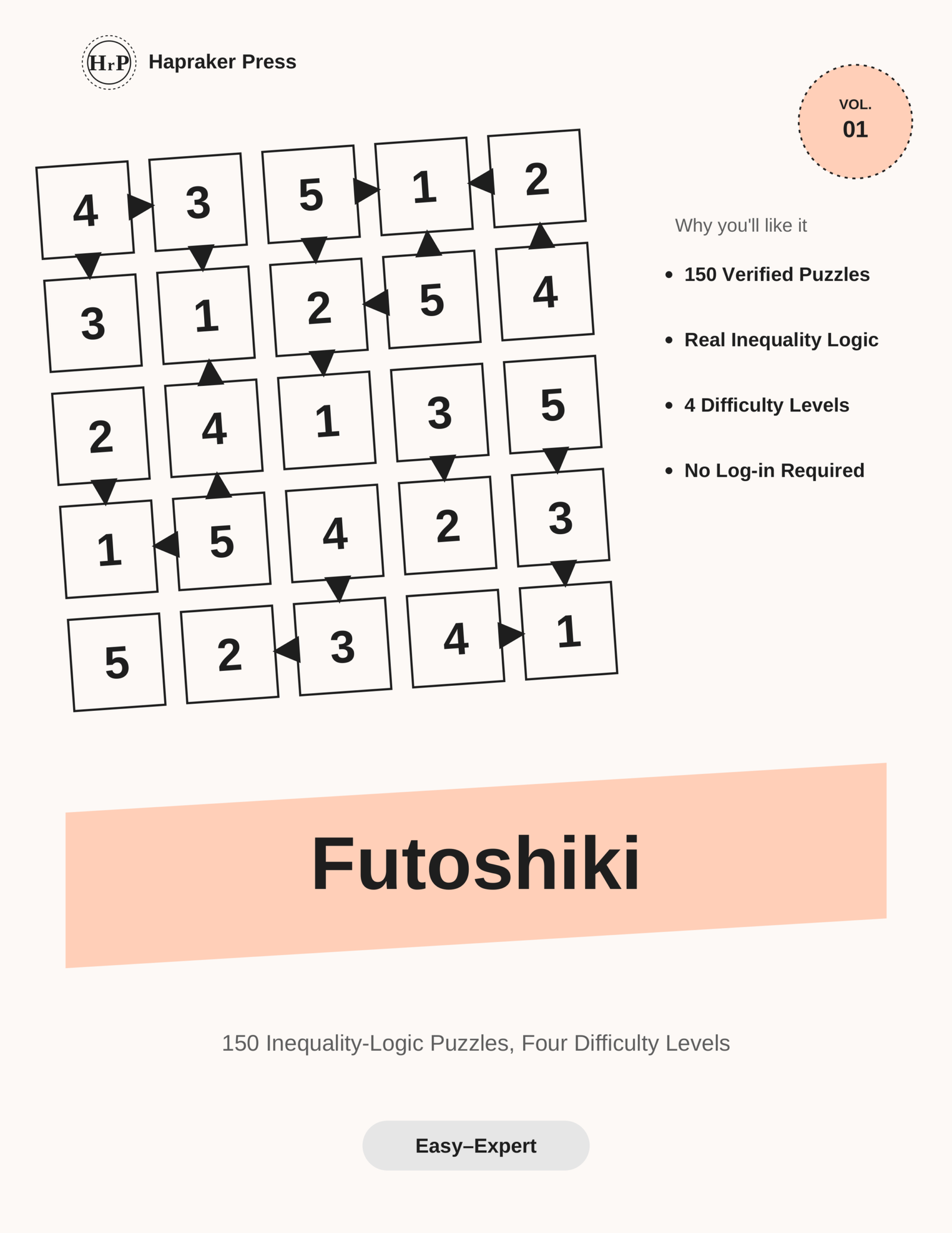 Futoshiki Vol. 1 puzzle book cover, Hapraker Press — inequality logic puzzles verified to have exactly one solution